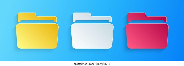 Icono de carpeta de corte de papel aislado en fondo azul. Estilo de arte de papel. Vector.