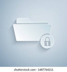 Paper cut Folder and lock icon isolated on grey background. Closed folder and padlock. Security, safety, protection concept. Paper art style. Vector Illustration