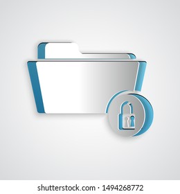 Paper cut Folder and lock icon isolated on grey background. Closed folder and padlock. Security, safety, protection concept. Paper art style. Vector Illustration