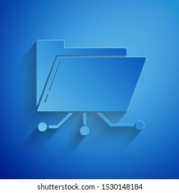 Paper cut Folder and lock icon isolated on blue background. Cyber defense. Security, safety, protection concept. Paper art style. Vector Illustration