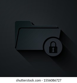 Paper cut Folder and lock icon isolated on black background. Closed folder and padlock. Security, safety, protection concept. Paper art style. Vector Illustration