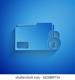 Paper cut Folder and lock icon isolated on blue background. Closed folder and padlock. Security, safety, protection concept. Paper art style. Vector Illustration