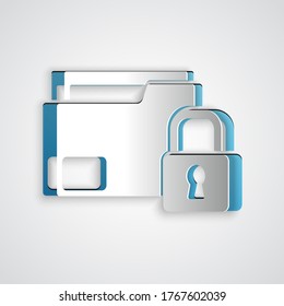 Carpeta de corte de papel e icono de bloqueo aislados en fondo gris. Carpeta cerrada y candado. Seguridad, seguridad, concepto de protección. Estilo de arte de papel. Vector