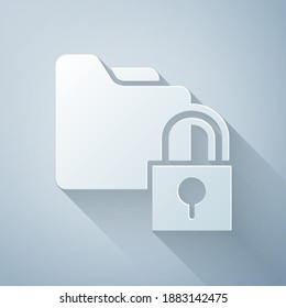 Paper cut Folder and lock icon isolated on grey background. Closed folder and padlock. Security, safety, protection concept. Paper art style. Vector