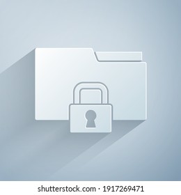 Paper cut Folder and lock icon isolated on grey background. Closed folder and padlock. Security, safety, protection concept. Paper art style. Vector