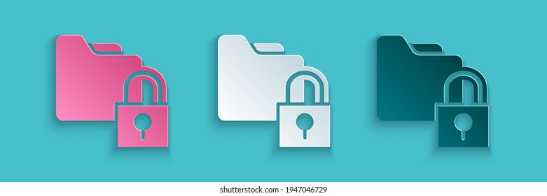 Paper cut Folder and lock icon isolated on blue background. Closed folder and padlock. Security, safety, protection concept. Paper art style. Vector