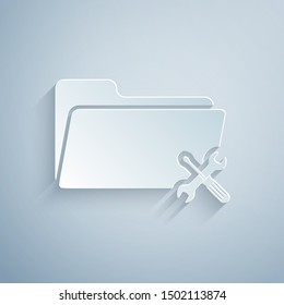 Paper cut Folder with screwdriver and wrench icon isolated on grey background. Adjusting, service, setting, maintenance, repair, fixing. Paper art style. Vector Illustration