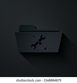 Paper cut Folder with screwdriver and wrench icon isolated on black background. Adjusting, service, setting, maintenance, repair, fixing. Paper art style. Vector Illustration