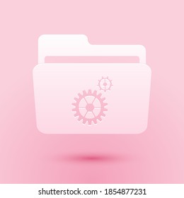 Paper cut Folder settings with gears icon isolated on pink background. Concept of software update, transfer protocol, router, teamwork tool management. Paper art style. Vector.