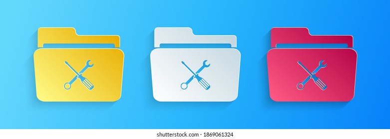 Paper cut Folder and tools or settings icon isolated on blue background. Folder with wrench and screwdriver sign. Computer technical service. Paper art style. Vector.
