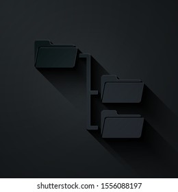Paper cut Folder tree icon isolated on black background. Computer network file folder organization structure flowchart. Paper art style. Vector Illustration