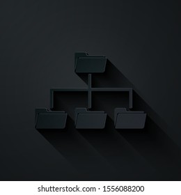 Paper cut Folder tree icon isolated on black background. Computer network file folder organization structure flowchart. Paper art style. Vector Illustration