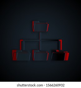 Paper cut Folder tree icon isolated on black background. Computer network file folder organization structure flowchart. Paper art style. Vector Illustration