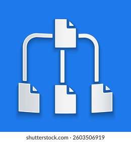 Paper cut Folder tree icon isolated on blue background. Computer network file folder organization structure flowchart. Paper art style. Vector