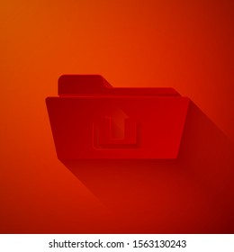 Paper cut Folder upload icon isolated on red background. Paper art style. Vector Illustration