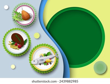 Paper cut food background with served delicious restaurant dish vector illustration in origami style. Poster banner template for menu with empty advertising space