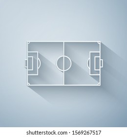 Paper cut Football field or soccer field icon isolated on grey background. Paper art style. Vector Illustration