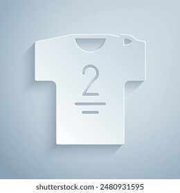 Paper cut Football jersey and t-shirt icon isolated on grey background. Paper art style. Vector