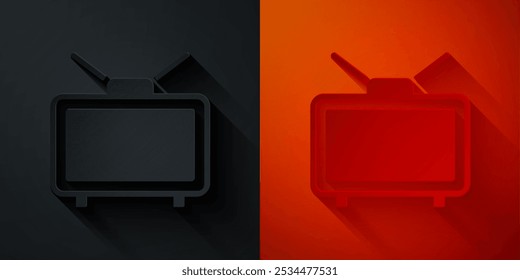 Paper cut Football soccer match on TV icon isolated on black and red background. Football online concept. Paper art style. Vector