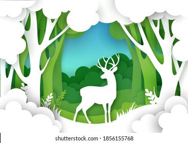 Paper cut forest landscape and beautiful deer silhouette. Vector illustration in paper art style. Save nature and wildlife. Ecology, environment conservation.