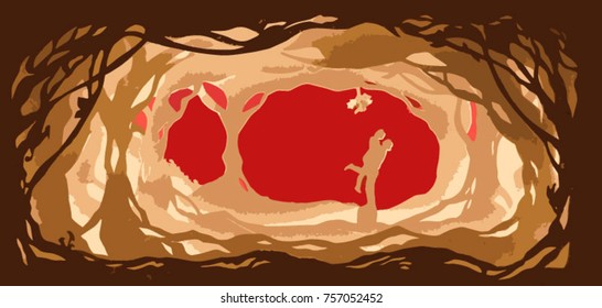 Paper cut forest landscape with silhouette of  happy couple on red background. Lovers under mistletoe. Happy Valentines day or Wedding vector.