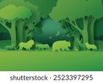 Paper cut forest scene filled with wild animals, emphasizing environmental protection and biodiversity.