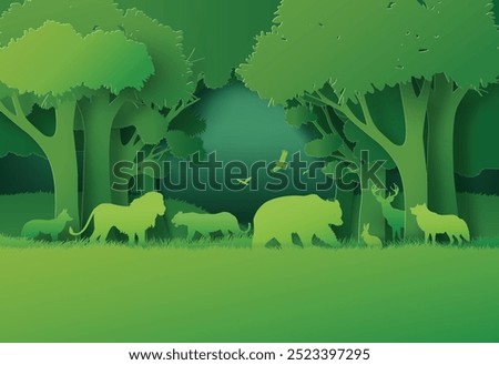 Paper cut forest scene filled with wild animals, emphasizing environmental protection and biodiversity.