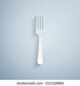 Paper cut Fork icon isolated on grey background. Cutlery symbol. Paper art style. Vector Illustration