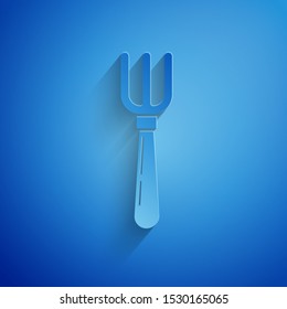 Paper cut Fork icon isolated on blue background. Cutlery symbol. Paper art style. Vector Illustration