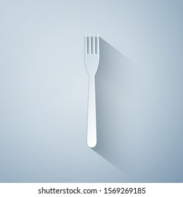 Paper cut Fork icon isolated on grey background. Paper art style. Vector Illustration