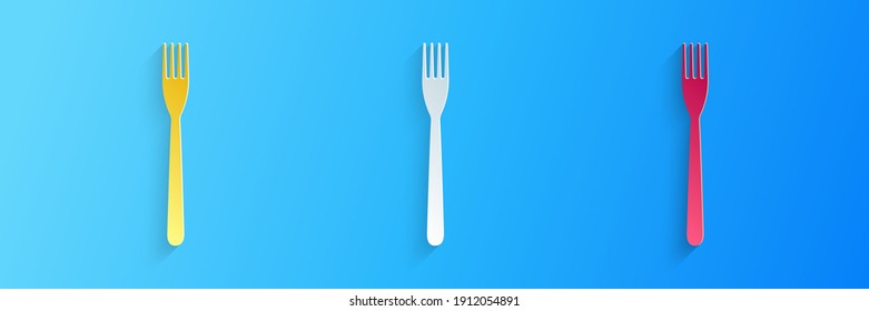 Paper cut Fork icon isolated on blue background. Paper art style. Vector.