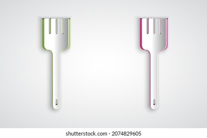 Paper cut Fork icon isolated on grey background. Cutlery symbol. Paper art style. Vector