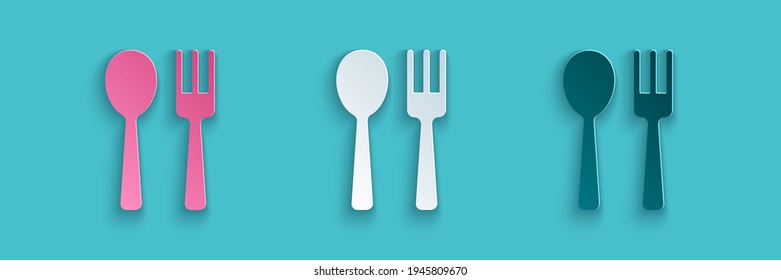 Paper cut Fork and spoon icon isolated on blue background. Cooking utensil. Cutlery sign. Paper art style. Vector