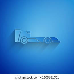 Paper cut Formula race car icon isolated on blue background. Paper art style. Vector Illustration
