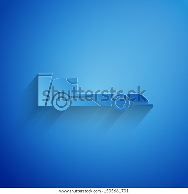 Paper cut Formula race car\
icon isolated on blue background. Paper art style. Vector\
Illustration