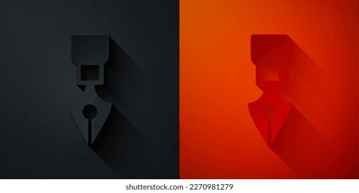 Paper cut Fountain pen nib icon isolated on black and red background. Pen tool sign. Paper art style. Vector