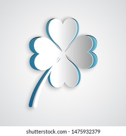 Paper cut Four leaf clover icon isolated on grey background. Happy Saint Patrick day. Paper art style. Vector Illustration