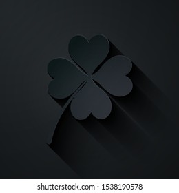 Paper cut Four leaf clover icon isolated on black background. Happy Saint Patrick day. Paper art style. Vector Illustration