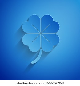 Paper cut Four leaf clover icon isolated on blue background. Happy Saint Patrick day. Paper art style. Vector Illustration