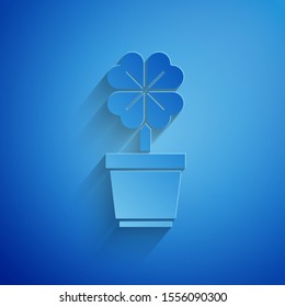 Paper cut Four leaf clover in pot icon isolated on blue background. Happy Saint Patrick day. Paper art style. Vector Illustration