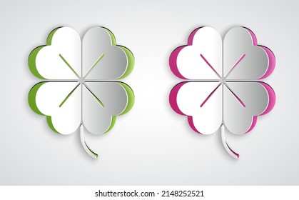 Paper cut Four leaf clover icon isolated on grey background. Happy Saint Patrick day. Paper art style. Vector