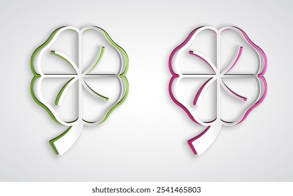 Icono de trébol de cuatro hojas aislado sobre fondo gris. Feliz día de San Patricio. Fiesta nacional irlandesa. Estilo de arte de papel. Vector