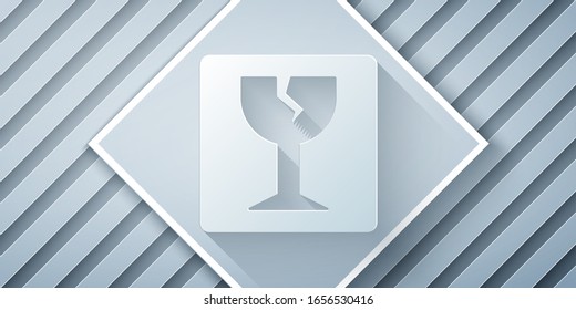 Paper cut Fragile broken glass symbol for delivery boxes icon isolated on grey background. Paper art style. Vector Illustration