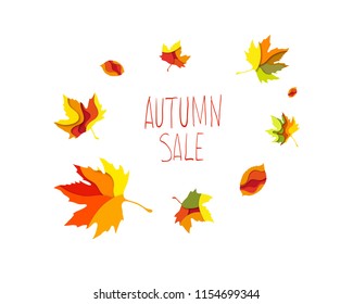 Paper cut frame of autumn maple leaves shape 3D design. Template of lettering for postcard, banner, poster, placard.  Colorful vector illustration.
