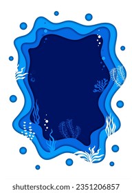 Paper cut frame, blue sea waves and underwater seaweeds. Sea nature, underwater deep life or aquarium 3d vector backdrop. Ocean wildlife papercut frame with coral, seaweed and algae plants