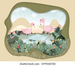 paper cut frame and two flamingo walking on the blue river in the jungle, cartoon concept on vector illustration image. 