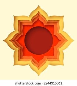 Paper cut frame vector. Orange second swadhisthana chakra art craft design origami style. Yoga meditation logo template with lotus flower symbol