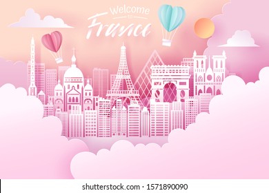 Paper cut of France landmark, travel and tourism concept, eps 10 vector.