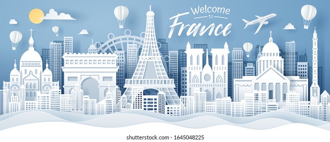 Paper cut of France landmark, travel and tourism concept. eps 10 vector.