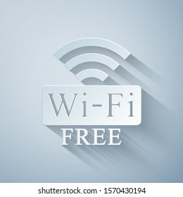 Paper cut Free Wi-fi icon isolated on grey background. Wi-fi symbol. Wireless Network icon. Wi-fi zone. Paper art style. Vector Illustration